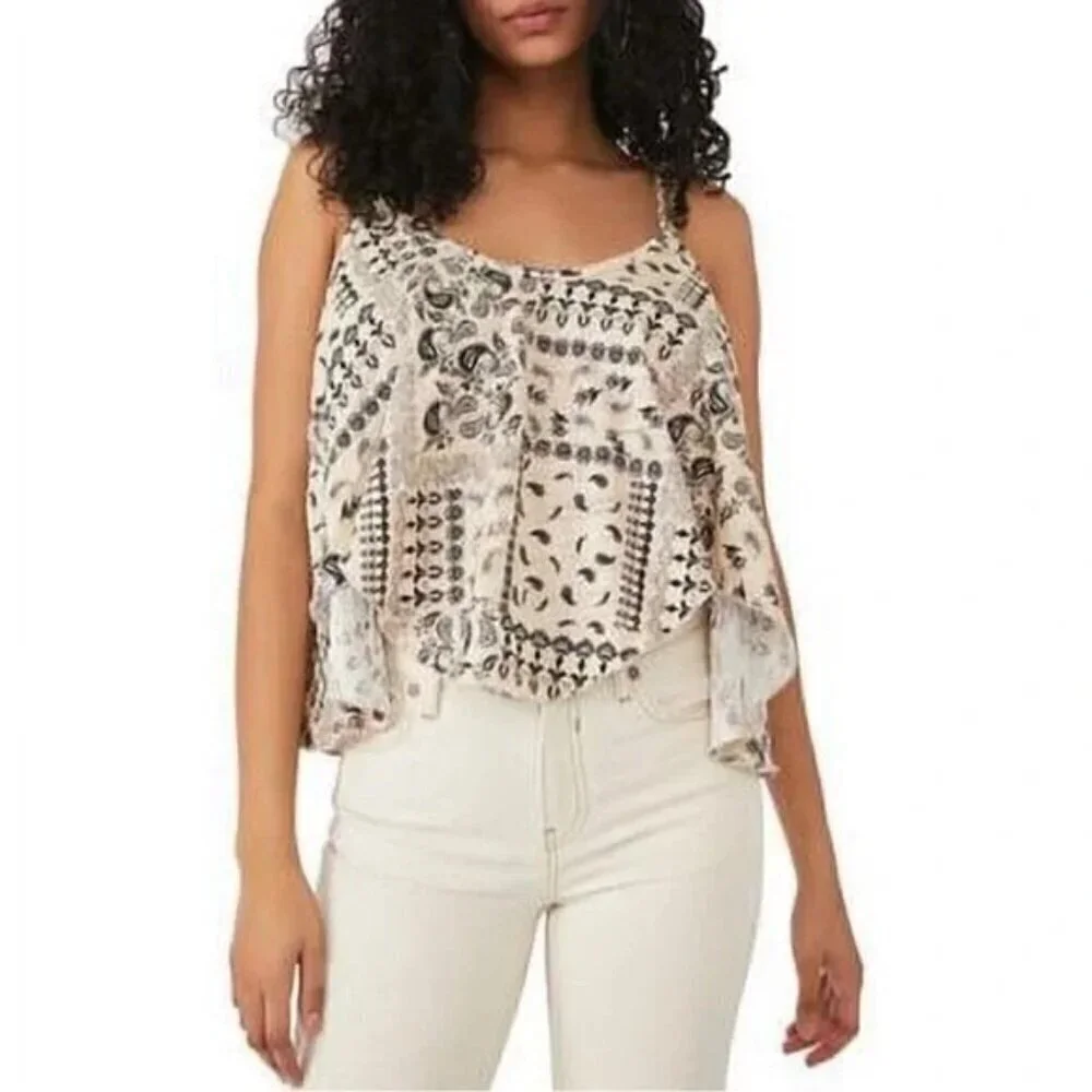 Free People Hey Girl Cotton Tank Top Ivory Navy Tea Combo Bandana Size Med NWT